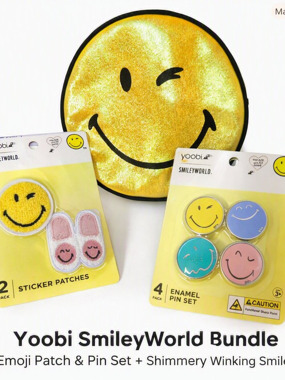Yoobi Smiley World Bundle Sticker Patches Enamel Pins Metallic Smiley Pouch